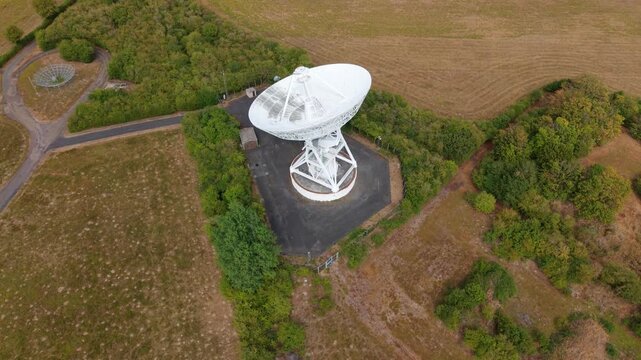 Radio Telescope Parabolic Dish at Cambridge Astronomy Observatory Drone View UK