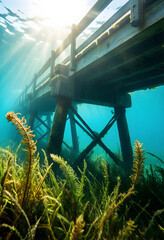 Fototapeta premium Marine conservation and ecosystem health, underwater view of wooden pier structure with aquatic plants and sun rays filtering through clear water