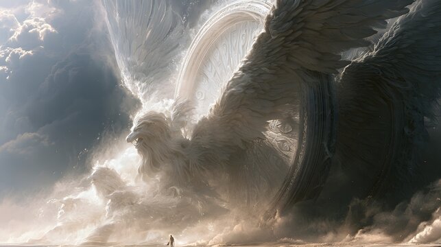 Lionheaded angelic entity with large wings and divine wheels in a desert landscape