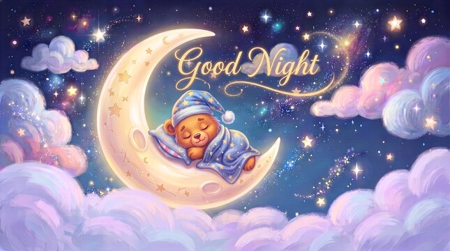 Adorable teddy bear resting on a crescent moon surrounded by fluffy clouds and glowing stars, creating a peaceful bedtime fantasy scene.
