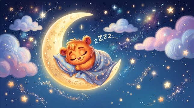 Cute teddy bear peacefully sleeping on a glowing crescent moon among soft clouds and sparkling stars in a dreamy magical night sky.