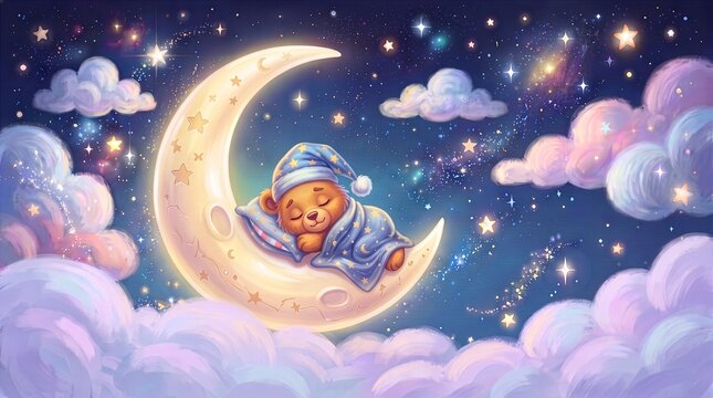 Sweet sleeping teddy bear on a crescent moon in a magical starry sky, surrounded by soft clouds and sparkling lights.