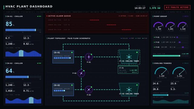A detailed HVAC plant dashboard showcasing chillers, pumps, cooling towers, and alarms with live status indicators and animated flow lines in a sleek, modern interface.