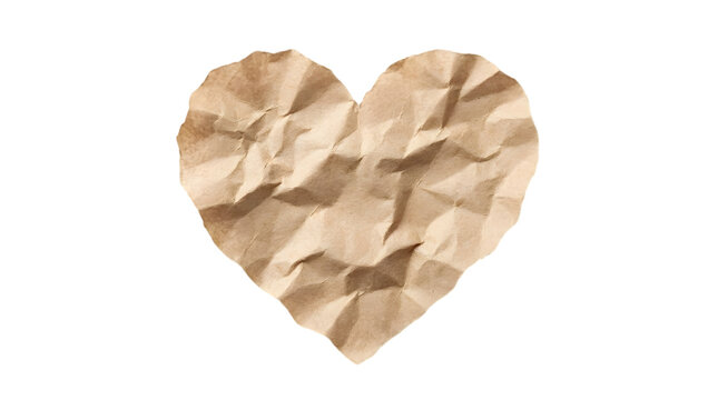 A crumpled brown paper heart shape isolated on transparent background for romantic creative design projects
