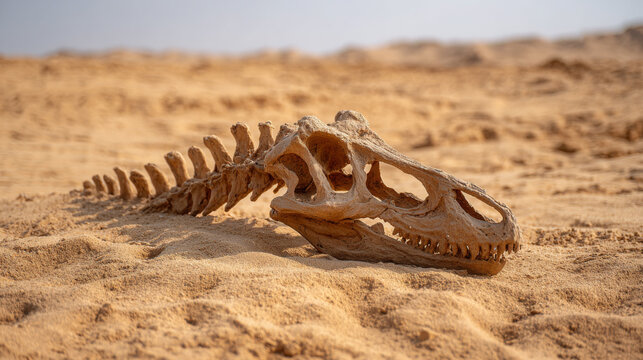 Fossilized dinosaur skull and vertebrae partially buried in sandy desert landscape under clear blue sky, showcasing ancient remains in natural environment