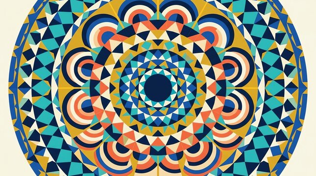 Circular geometric mosaic pattern with colorful triangles and arches on a light background