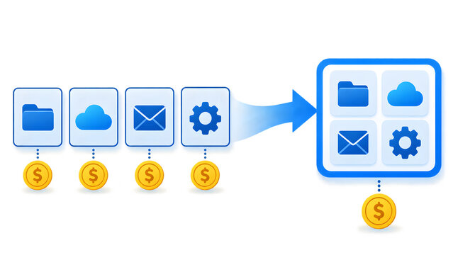 Digital service icons like folder cloud email and settings transitioning into a consolidated platform with a dollar coin symbolizing monetization or cost savings.