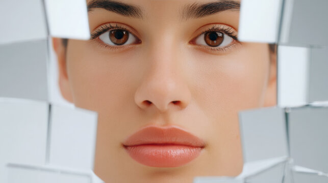 Young woman with brown eyes and full lips gazes through fragmented mirror pieces, reflecting her face in a modern artistic composition