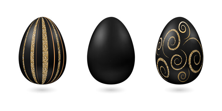 Three decorative black easter eggs isolated on a transparent background