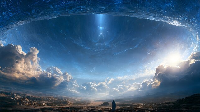 A lone figure gazes at a vast, swirling blue cosmic vortex opening in the sky above a barren desert landscape
