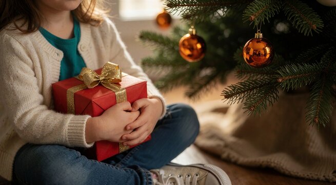 Young child sitting with a red wrapped gift box, embracing it near a decorated Christmas tree with warm, festive lighting.