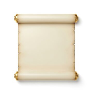 Old vintage paper scroll with gold ends isolated on a plain white background