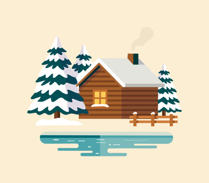 Cozy Winter Cabin Flat Illustration with Snow Covered Pine Trees, Frozen Lake, Wooden Fence and Smoking Chimney