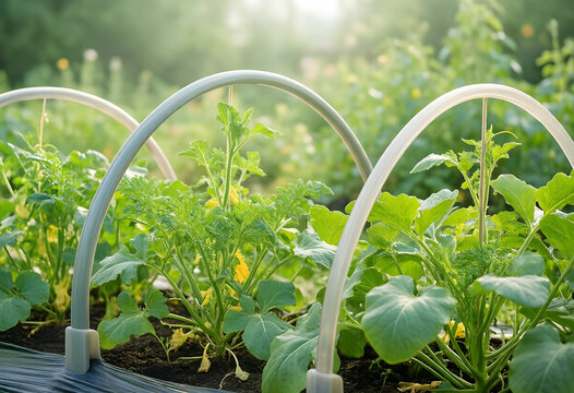 Sustainable agriculture and organic farming, young squash plants growing under protective garden hoops in a sunny vegetable patch for food security