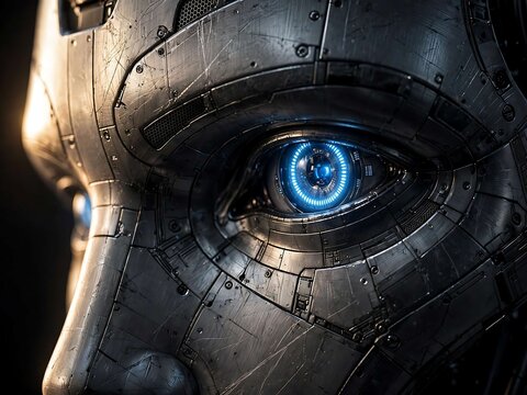 Detailed macro shot of futuristic robot eye with metallic texture