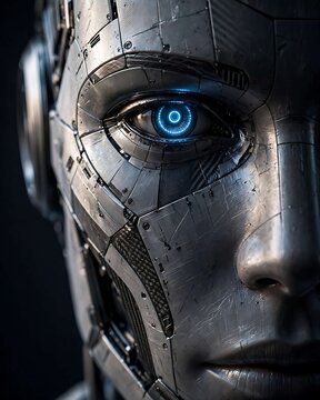 Macro closeup of a humanoid robot face with glowing mechanical eye