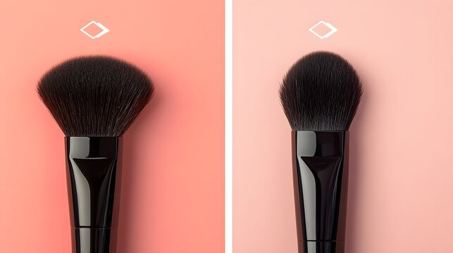 Black powder makeup brushes close-up on pink diptych backgrounds