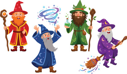 Fototapeta premium A collection of four colorful cartoon wizards performing various magical spells and activities.
