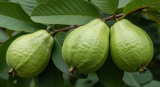 Guava fruit photo, fresh green tropical guavas hanging on branch with vibrant leaves in orchard
