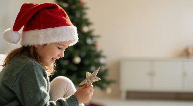 Young girl in a Santa hat happily places a sparkling star ornament onto a blurred Christmas tree in a warmly lit indoor setting.