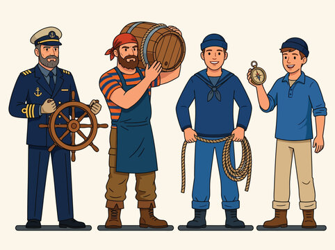 A group of four diverse sailors and crew members standing together in uniform.