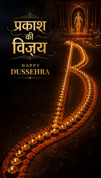 DUSSEHRA celebration featuring illuminated diya pathway, temple shrine, Ek Prakash Ki Vijay message and devotional Indian design
