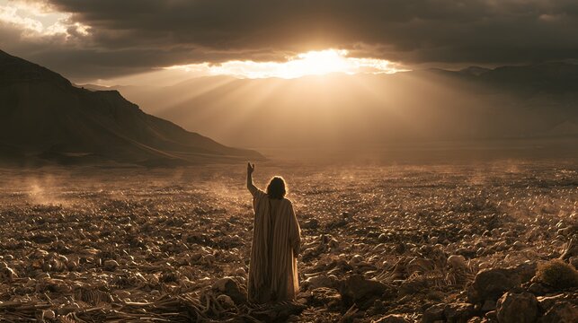 Prophet ezekiel raising hand in valley of dry bones