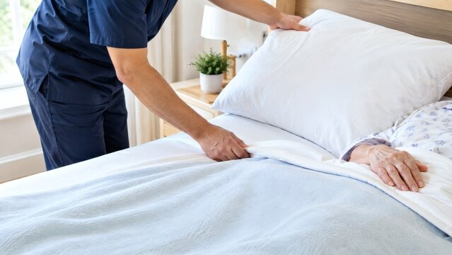 Caregiver tucking in senior patient in hospital bed with tucking in nursing home assisted living elderly care senior citizen