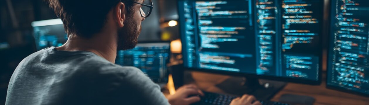 Software developer coding on multi-monitor setup in low light