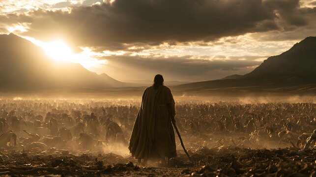 A robed man holding a staff facing a massive crowd in a dusty desert landscape
