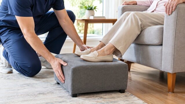 Caregiver assisting an elderly person with a footstool in a living room home care assisted living senior support nursing assi