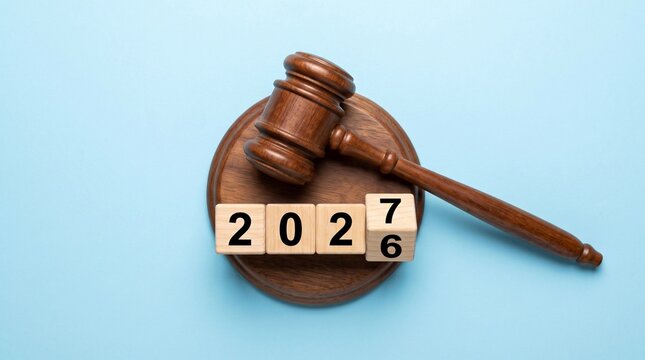 Wooden Gavel with 2026 Changing to 2027 Calendar Blocks on Blue Background New Year Law and Justice Concept