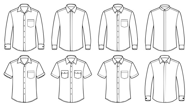 Men classic dress shirts and casual button down shirts vector icon set isolated on transparent background