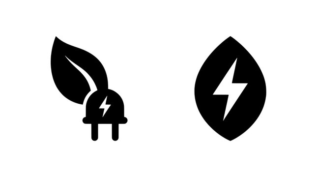 Green energy icon set showing a power plug combined with a leaf and a lightning bolt inside a leaf shape, renewable electricity concept