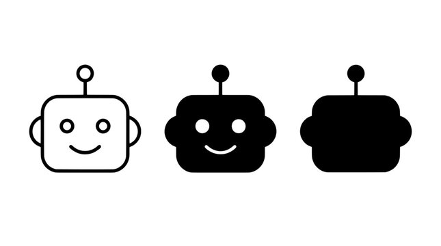 Set of cute robot head icons in outline, solid black, and blue styles representing artificial intelligence and modern technology