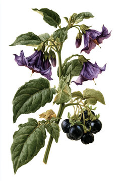 Botanical illustration of belladonna deadly nightshade with stem, dark green leaves and drooping purple bell-shaped flowers, with vivid, richly saturated color