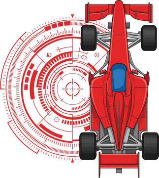 Red racing car top view with digital HUD interface, professional formula race car vector illustration, high speed automotive technology concept