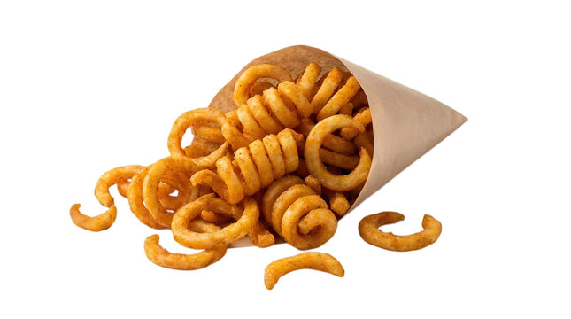 Delicious crispy curly fries served in a paper cone isolated on transparent background