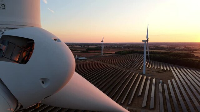 Aerial wide shot of hybrid solar and wind renewable energy farm glowing at golden hour sunset in Northampton UK