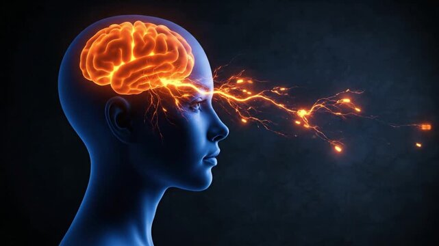 A glowing digital brain inside a human head silhouette emits electrical sparks forming a perfect concept for artificial intelligence and learning