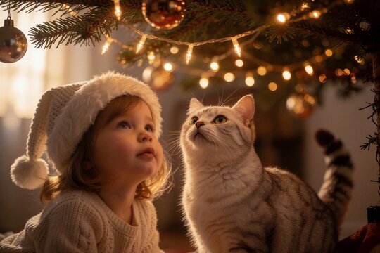 Toddler in a Santa hat looks up alongside a fluffy white-tabby cat beneath sparkling Christmas tree lights, creating a warm, magical holiday scene.