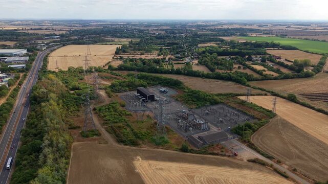 Eaton Socon 400kV Substation Transformers and Transmission Pylons Drone View UK