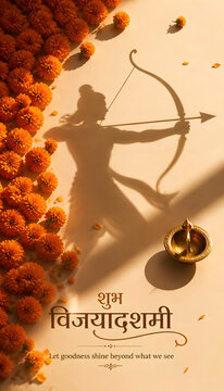 DUSSEHRA celebration featuring Lord Rama archer shadow, marigold flowers, sacred diya, bow and arrow and devotional Indian design