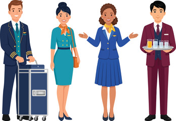 Fototapeta premium A diverse group of airline crew members including a pilot and flight attendants standing together.