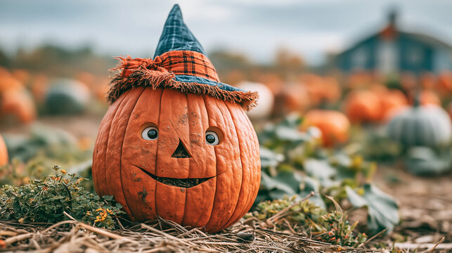 Carved halloween jack-o-lantern pumpkin wearing hat in a pumpkin patch field