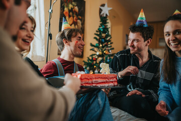 Naklejka premium A group of friends celebrate a birthday at home with a red cake and party hats. They sit near a decorated Christmas tree enjoying the festive celebration together.