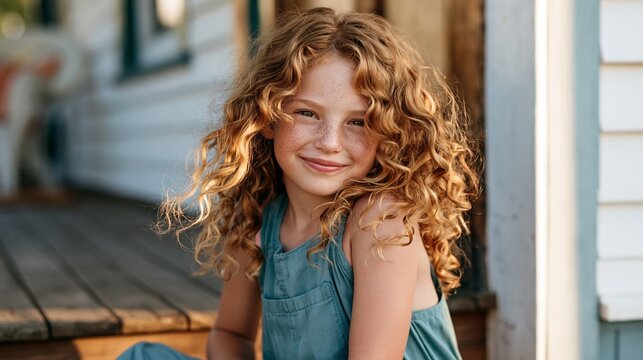 Sun-kissed little girl with curly hair and freckles enjoying a warm autumn day on a wooden porch.