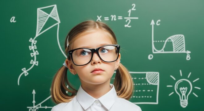 Smart little girl with glasses thinking in front of blackboard with math formulas