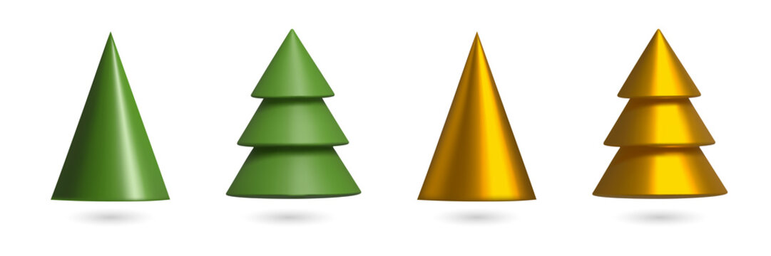 Green and gold conical christmas trees isolated on a transparent background