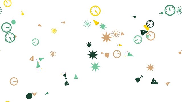 pattern newyear valentine horizontal Festive Celebration Elements Clocks Cheese Wine Glasses Party Hats Confetti Stars and Fruit on White Background